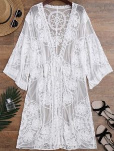 Sheer Lace Tie Front Kimono Cover Up
